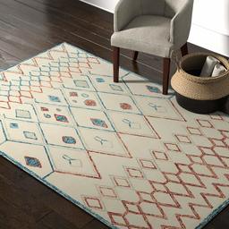 Amazon Brand – Rivet Handtufted Diamond-Patterned Cotton and Wool Area Rug, 5' x 8', Cream with Blue and Orange