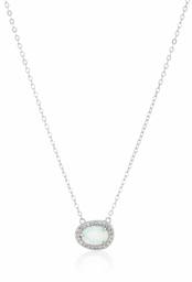 Rhodium Plated Sterling Silver Oval Created Opal Halo Pendant Necklace, 18