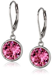 Sterling Silver Rose Pink Round Leverback Dangle Earrings Made with Swarovski Crystal