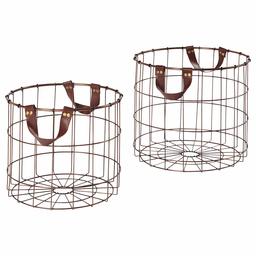 Stone & Beam Modern Round Metal Wire Storage Basket with Faux Leather Handles - Pack of 2, Brown (Renewed)