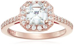 Amazon CollectionRose Gold-Plated Sterling Silver Swarovski Zirconia Asscher Center Halo Ring, Size 6