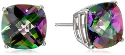 14k White Gold Cushion-Cut Checkerboard Mystic Fire Topaz Stud Earrings (8mm)