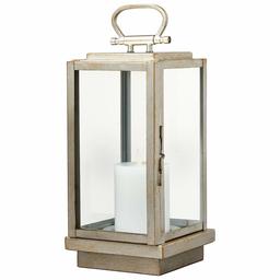 Amazon Brand – Stone & Beam Modern Decorative Outdoor Metal and Glass Lantern with LED Candle - 6 x 6 x 14 Inches, Silver, For Indoor Outdoor Use