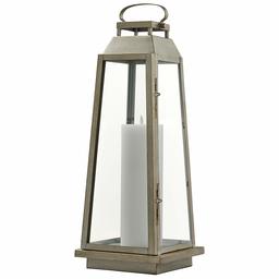 Amazon Brand – Stone & Beam Modern Traditional Decorative Metal and Glass Table Lantern with LED Candle Light - 9 x 9 x 25 Inches, Champagne Silver, For Indoor Outdoor Use