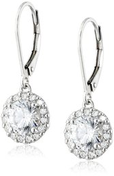 Platinum Plated Sterling Silver Leverback Drop Earrings Set with Round Cut Swarovski Zirconia