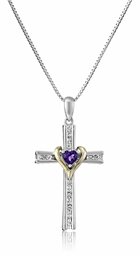 Sterling Silver and 14k Gold Amethyst Heart and Diamond-Accent Cross Pendant Necklace, 18