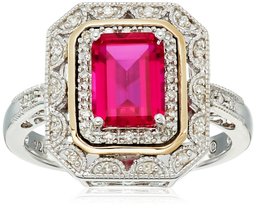 Sterling Silver and 14k Yellow Gold Created Ruby and Diamond Art Deco Ring, Size 7