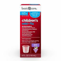 Basic Care Children's Pain Relief Cold & Flu Oral Suspension, Grape Flavor; Pain Reliever, Fever Reducer, Antihistamine, Cough Suppressant, Nasal Decongestant, 4 Fluid Ounces