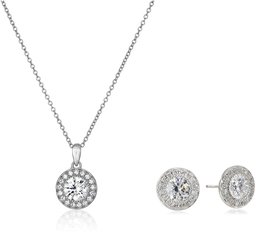 Platinum Plated Sterling Silver Swarovski Zirconia Round-Cut Halo Pendant Necklace and Stud Earrings Jewelry Set