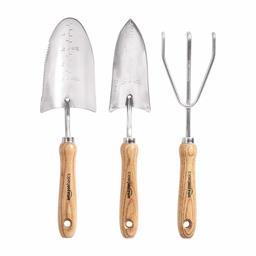 AmazonBasics, Set di 3 utensili da giardino, con paletta, rastrello e trapiantatore a paletta, in acciaio inox