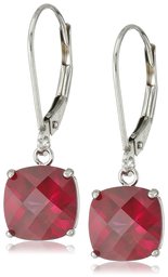 10k White Gold Cushion-Cut Checkerboard Created Ruby leverback Earrings (8mm)