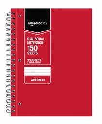 AmazonBasics Wide Ruled Wirebound 3-Subject 150-Sheet Notebook with Pocket Divider - Pack of 6, 10.5 x 8 Inch, Multi-Colour