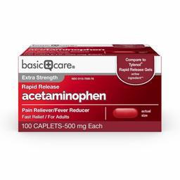 Amazon Basic Care Rapid Release Pain Relief, Acetaminophen Caplets 500 mg, Extra Strength Pain Reliever and Fever Reducer, 100 Count