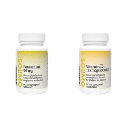 Amazon Brand - Solimo Potassium 99 mg, 120 Caplets, Four Month Supply (Packaging May Vary) & Solimo Vitamin D3 125 mcg (5000 IU), 150 Softgels, Five Month Supply (Packaging May Vary)