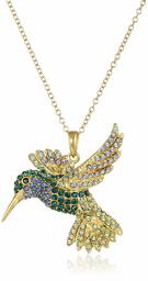 18ct Yellow Gold 925 Sterling Silver Hummingbird Pendant Necklace with Green Blue Swarovski Crystal 18 Inch Chain