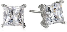 Platinum Plated Sterling Silver Stud Earrings set with Princess Brilliant Cut Swarovski Zirconia (3 cttw)