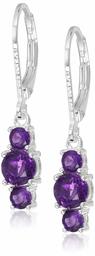 Sterling Silver Genuine African Amethyst 5mm and 3mm Three Stone February Birthstone Leverback Dangle Earrings