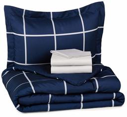 AmazonBasics 5-Piece Bed-In-A-Bag - Twin/Twin Extra-Long, Navy Simple Plaid (Renewed)