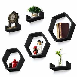 EONO by Amazon - Wall Shelf Set Composed of 3 Hexagonal Boxes and 3 U Shelves 5KG Max Loaded Come with 12 Plastic Gecko Screws Black