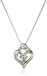 Sterling Silver and 14k Yellow Gold Heart Mother's Jewel Aquamarine and Diamond Accent Pendant Necklace, 18