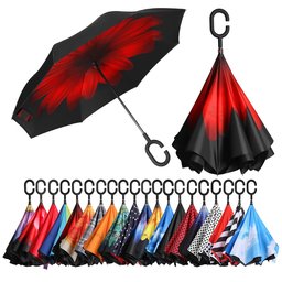 [Amazon Brand] Eono Double Layer Inverted Umbrella Reverse Folding Umbrella Self Standing Windproof UV Protection Travel Umbrella for Car Rain and Outdoor C-Shape Handle Red Flower