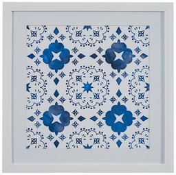 Amazon Brand – Stone & Beam Boho Blue and White Print Wall Art, White Frame, 14