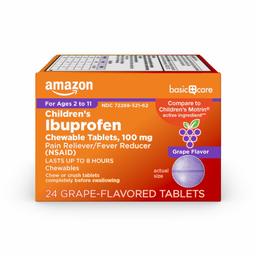 Amazon Basic Care Children's Ibuprofen Chewable Tablets, 100 mg, Grape Flavor, Pain Reliever and Fever Reducer (NSAID), 24 Count