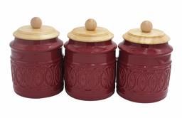 Amazon Brand – Ravenna Home Classic Stoneware 3-Piece Filigree Canister Set - Set of 3, Red with Wood Lid