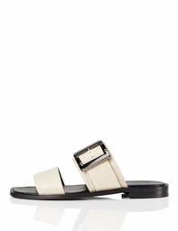 FIND Two Part Buckle Leather Open Toe Sandals, Off-White (Bone), 4 UK