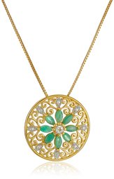 18k Yellow Gold-Plated Sterling Silver Mandala Genuine Emerald Filigree Pendant Necklace, 18