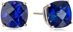 14k Yellow Gold Cushion-Cut Checkerboard Created Blue Sapphire Stud Earrings (8mm)