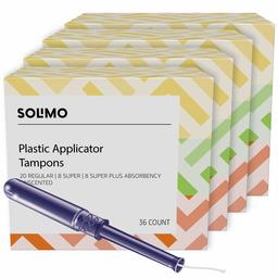 Amazon Brand - Solimo Plastic Applicator Tampons, Heavy Absorbency Multipack, Regular/Super/Plus, Unscented, 144 Count (4 Packs Of 36)