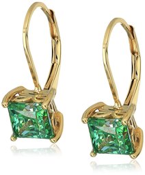 Yellow-Gold Plated Sterling Silver Princess Cut Fancy Green Leverback Earrings made with Swarovski Zirconia (3 cttw)