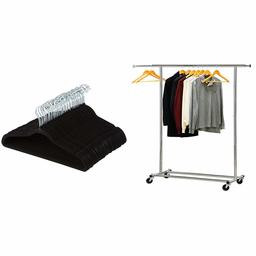 AmazonBasics Slim, Velvet, Non-Slip Clothes Suit Hangers, Black - Pack of 100 & Simple Houseware Heavy Duty Clothing Garment Rack, Chrome