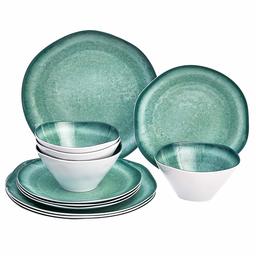 AmazonBasics 12-Piece Melamine Dinnerware Set - Service for 4, Teal Glaze with Rustic Edge