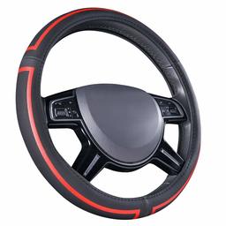 AmazonBasics Leatherette Steering Wheel Cover, 15″, Black and Red