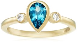 Yellow Gold Plated Sterling Silver Pear-Shaped Blue and Swarovski Zirconia Textured Finish Ring, Size 6