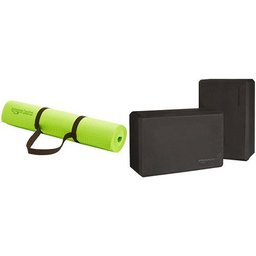 AmazonBasics 1/4-Inch Yoga Mat with Carrying Strap (Green) and Yoga Blocks (Set of 2) Bundle