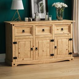 Amazon Brand - Movian Corona Sideboard, 3 Door 3 Drawer, Solid Pine Wood ,Waxed, 76 x 125 x 40 cm