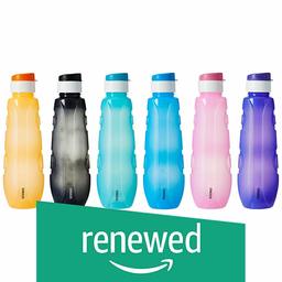 (Renewed) Amazon Brand - Solimo Plastic Water Bottle Set with Flip Cap (Set of 6, 1L, Circular Pattern)