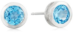 Sterling Silver Genuine Swiss Blue Topaz 5mm Bezel Set December Birthstone Stud Earrings