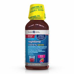 Amazon Basic Care Severe Nighttime Cold and Flu Relief, Berry Flavor, Relieves Headache, Pain, Fever, Runny Nose, Nasal/Sinus Congestion and Sinus Pressure, 12 Fluid Ounces