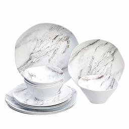 AmazonBasics 12-Piece Melamine Dinnerware Set - Service for 4, White Marble