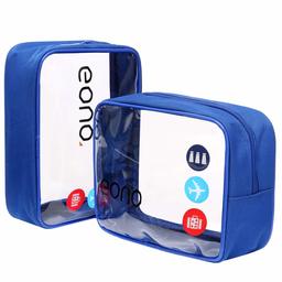 Eono by Amazon - Clear Toiletry Bag Waterproof Toiletry Travel Bag Clear PVC Zippered Cosmetic Bag Cosmetic Makeup Bag Clear Wash Bag Toiletry Organizer for Travel Men and Women, Blue, 2 Pack