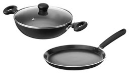 Amazon Brand - Solimo Non-Stick 2-Piece Kitchen Set; Flat Tawa (25cm) & Kadai (24cm/2L) - Induction & Gas Compatible