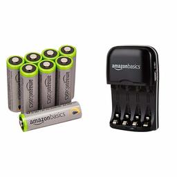 AmazonBasics Vorgeladene Ni-MH AA-Akkus - Akkubatterien, 500Zyklen (typisch 2500mAh, minimal 2400mAh), 8Stck + Batterieladegerät für Ni-MH AA / AAA Akkus und USB Geräte