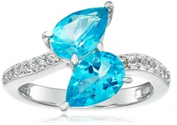 Platinum Plated Sterling Silver Swarovski Paraiba Blue and White Topaz Bypass Ring