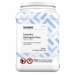 Amazon Brand - Solimo Laundry Detergent Pacs, Free & Clear, Hypoallergenic, Free of Perfumes Clear of Dyes, 120 Count