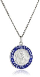 Amazon CollectionAmazon Collection Sterling Silver Round Saint Christopher Medal Pendant Necklace with Blue Epoxy Edge and Rhodium Plated Stainless Steel Chain, 20