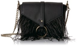 Amazon Brand - The Fix Courtney O Ring - Bolsa cruzada con plumas, Courtney O Ring Feather - Bolso bandolera, Negro, One Size